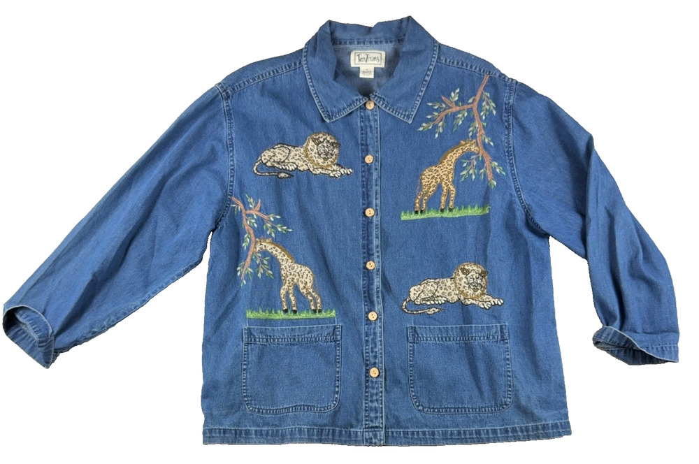 Tantrums Womens 1X Denim Shirt Jacket Safari Giraffe Leopard Embroidered Blue